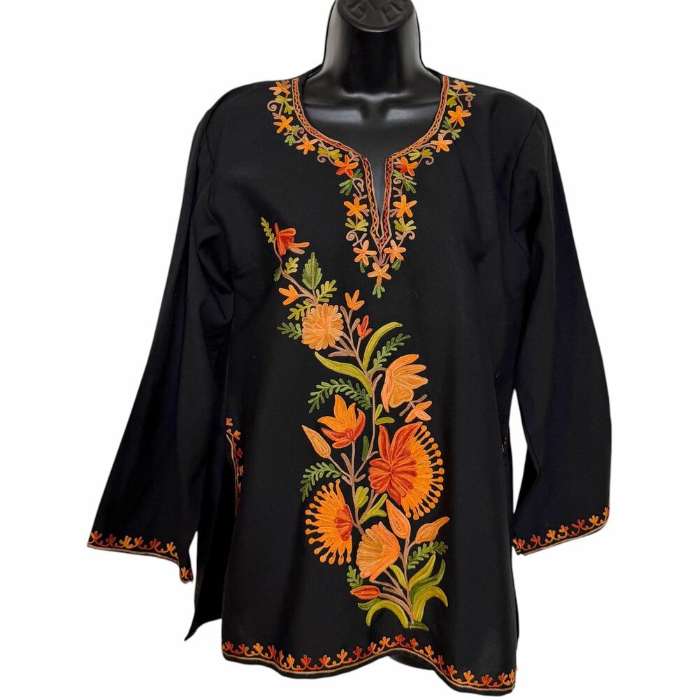 Handmade Kashmiri Embroidered Black Tunic Blouse Boho Floral Kurta Kurti S M